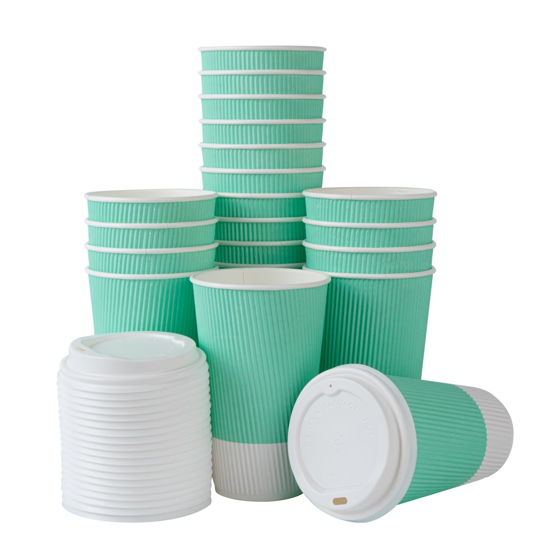 Cups, Hot, 16 Ounce, Paper, Light Green, Ripple Wall, with White Lid,1 - 200 COUNT