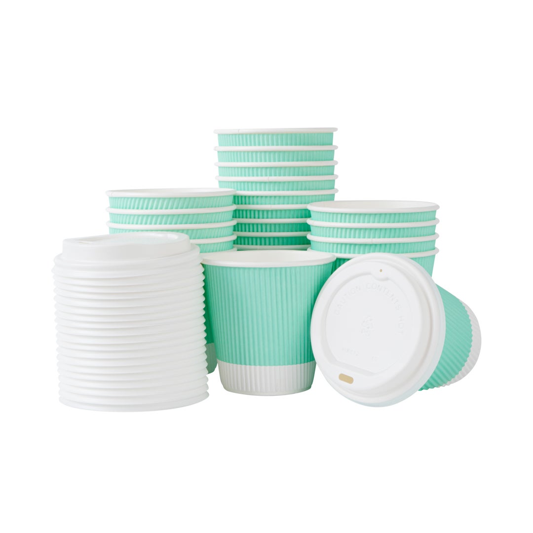 Cups, Hot, 8 Ounce, Paper, Light Green, Ripple Wall, with White Lid,1 - 20 COUNT
