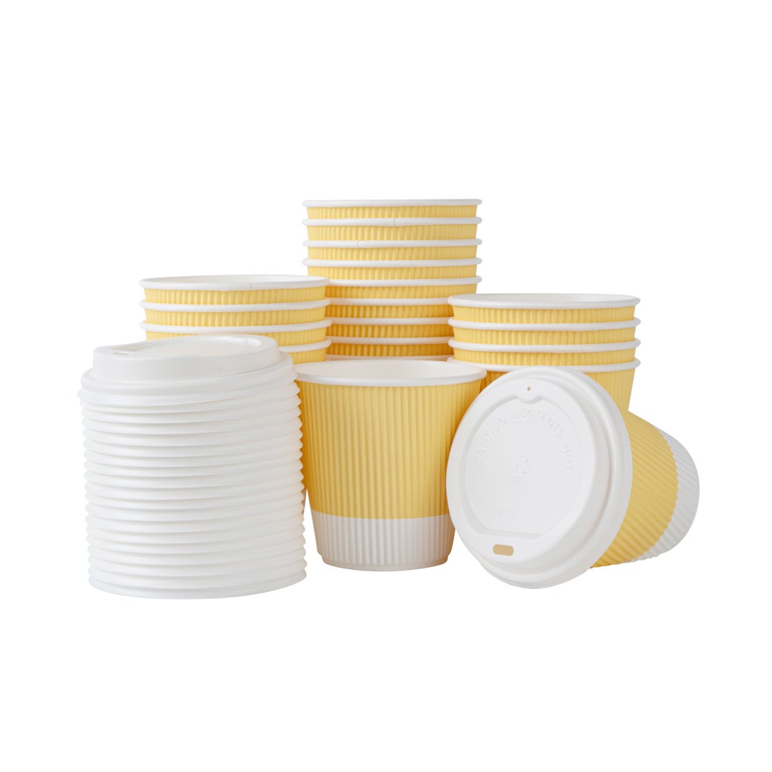 Cups, Hot, 8 Ounce, Paper, Light Yellow, Ripple Wall, with White Lid,1 - 20 COUNT