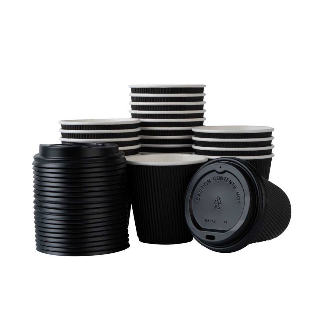 Cups, Hot, 8 Ounce, Paper, Black, Ripple Wall, with Black Lid,1 - 400 COUNT