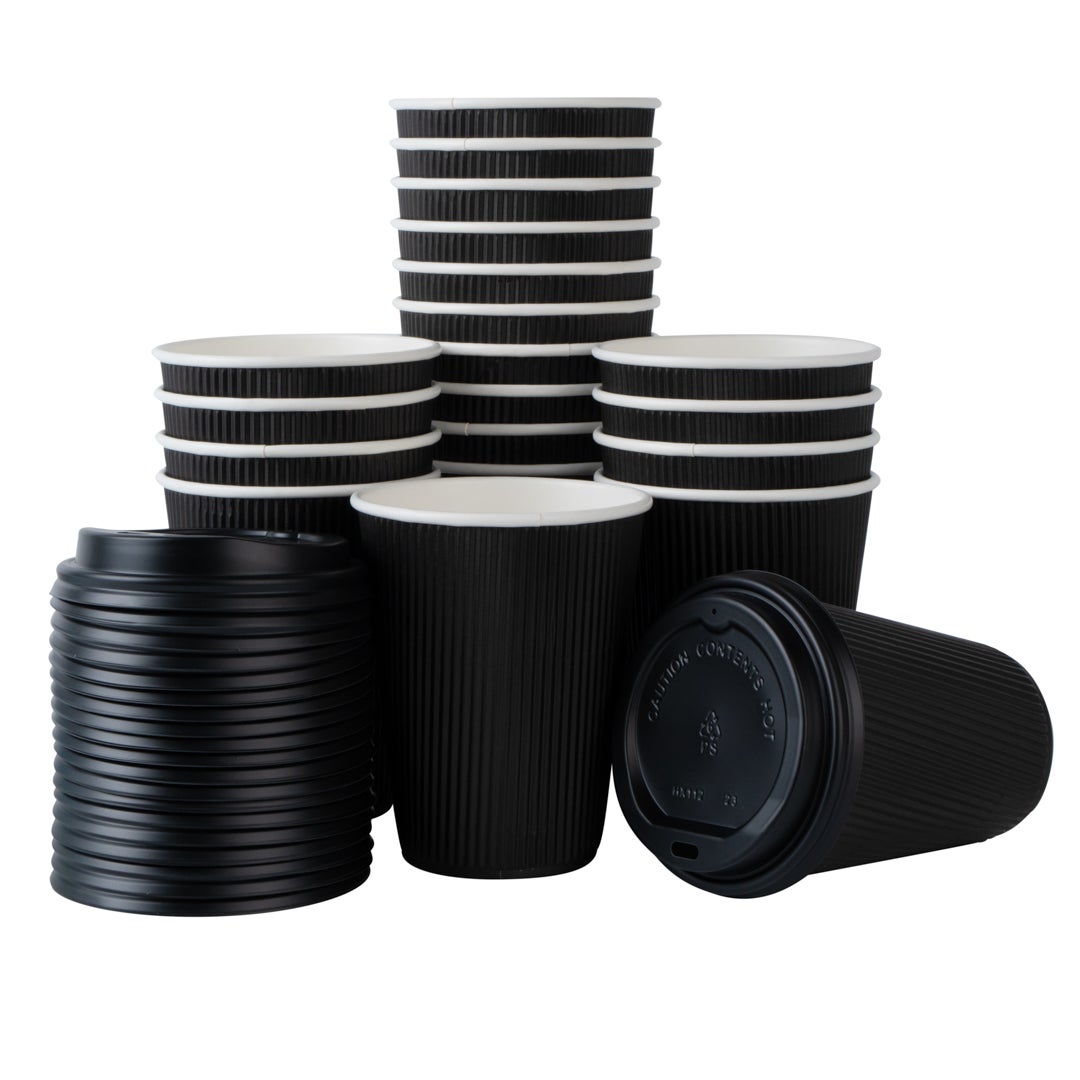 Cups, Hot, 12 Ounce, Paper, Black, Ripple Wall, with Black Lid,1 - 20 COUNT