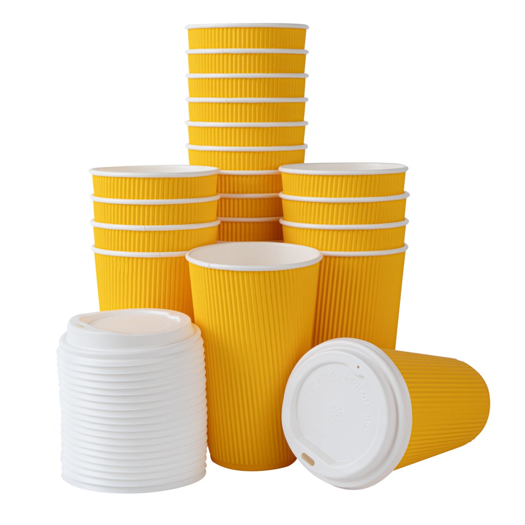 Cups, Hot, 16 Ounce, Paper, Yellow, Ripple Wall, with White Lid,1 - 200 COUNT