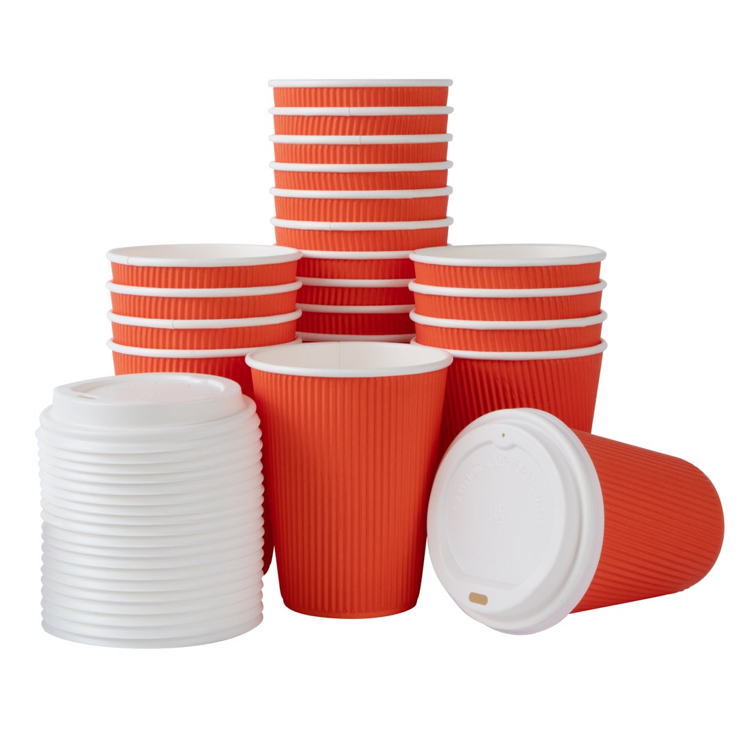 Cups, Hot, 12 Ounce, Paper, Tangerine, Ripple Wall, with White Lid,1 - 20 COUNT