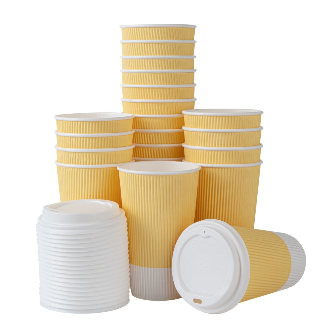 Cups, Hot, 16 Ounce, Paper, Light Yellow, Ripple Wall, with White Lid,1 - 200 COUNT