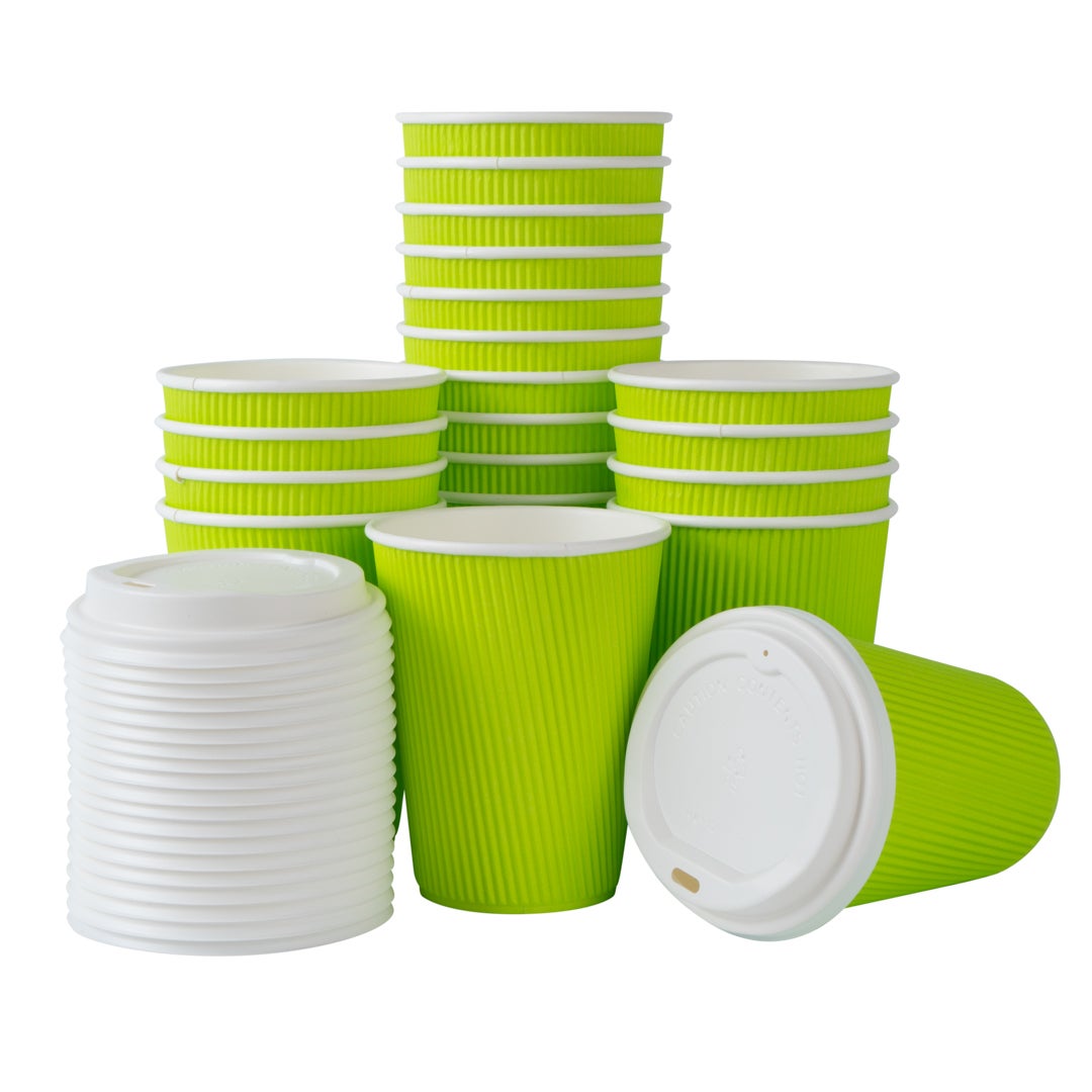 Cups, Hot, 12 Ounce, Paper, Eco Green, Ripple Wall, with White Lid,1 - 20 COUNT