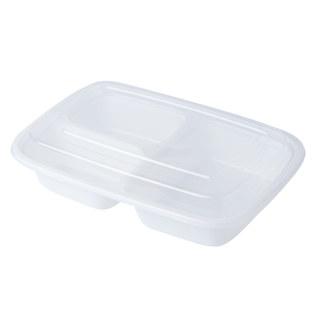Containers, 3-Compartment, Microwaveable Plastic, White, 8.75 x 6 x 1.75 Inch, with Clear Lid,1 - 100 COUNT