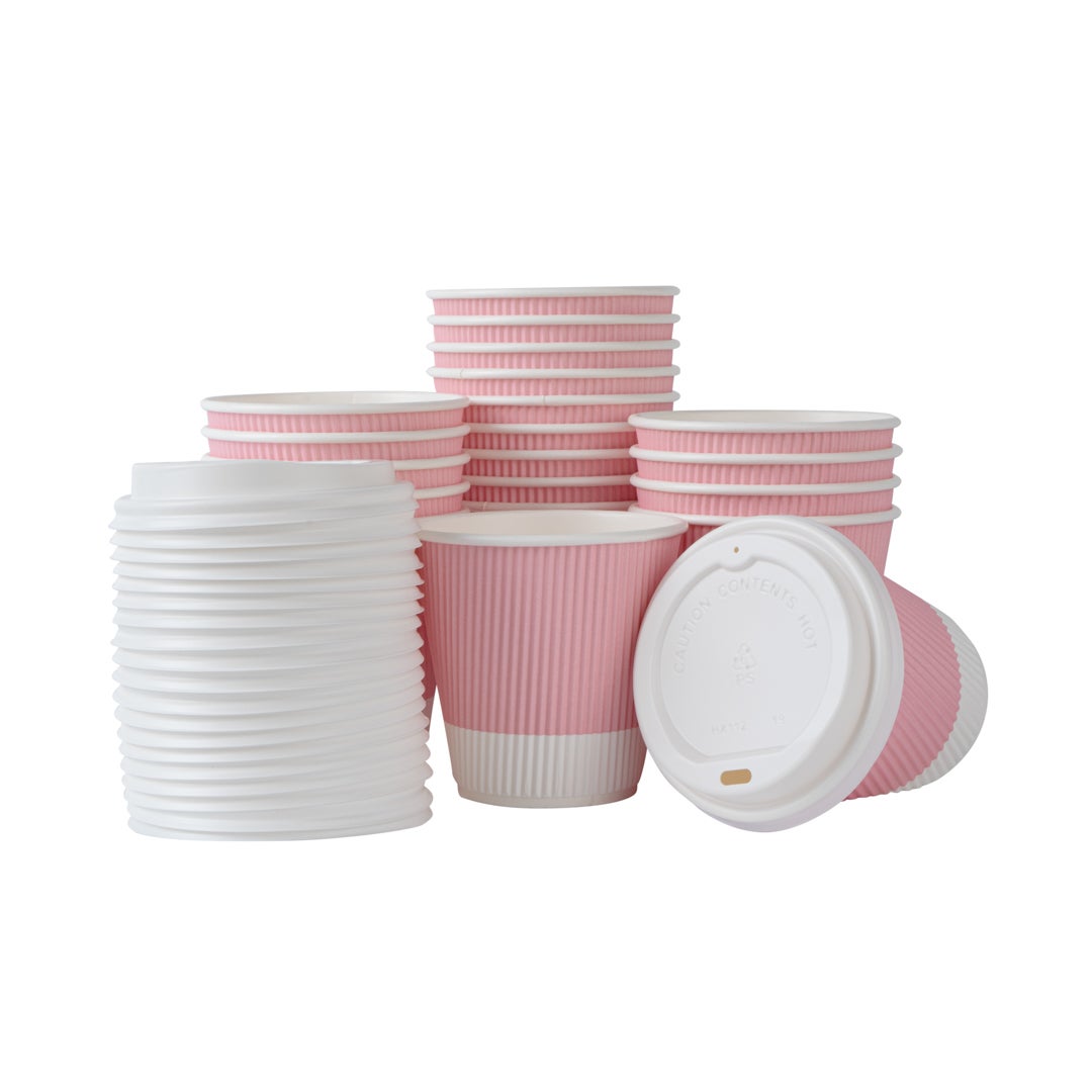Cups, Hot, 8 Ounce, Paper, Light Pink, Ripple Wall, with White Lid,1 - 20 COUNT