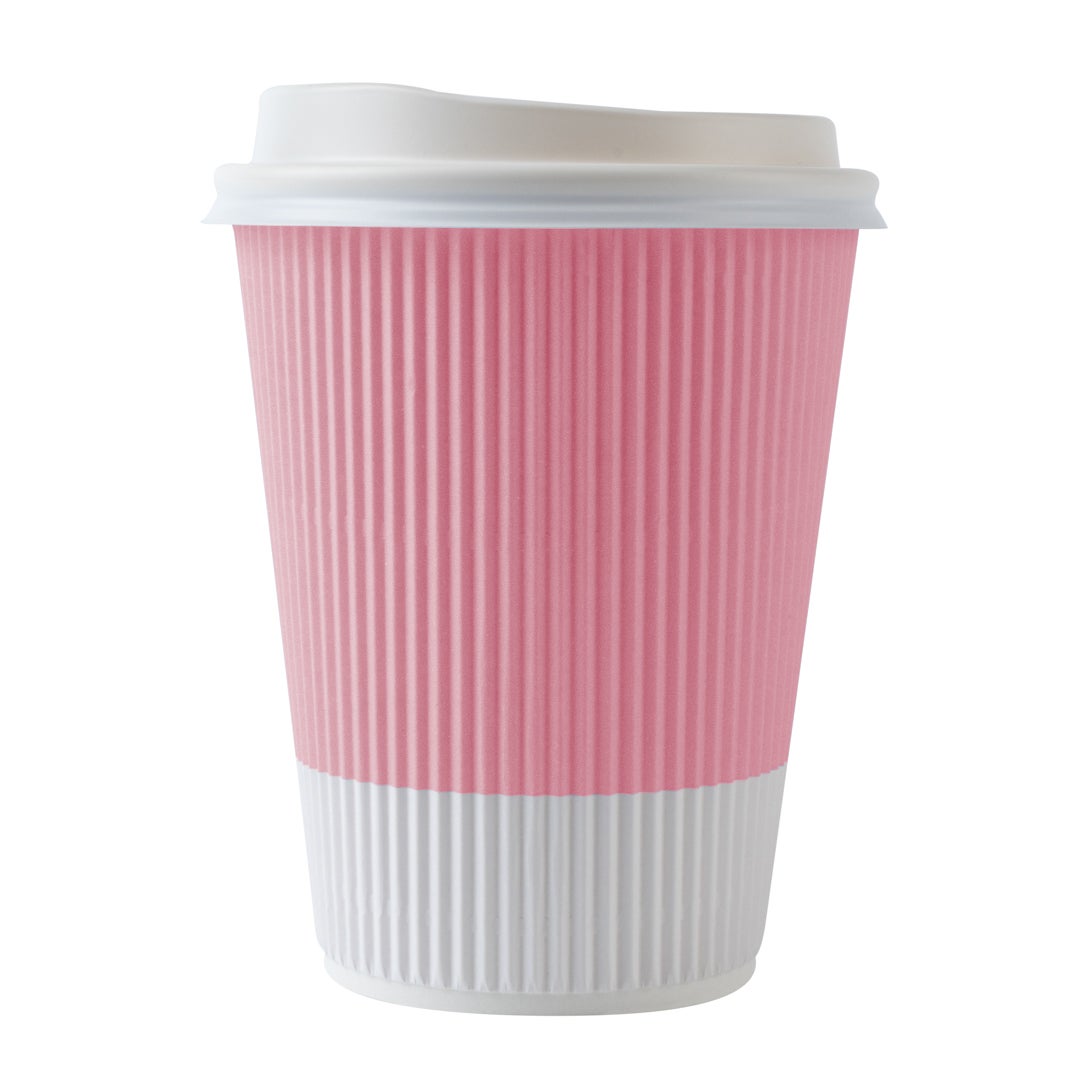 Cups, Hot, 12 Ounce, Paper, Light Pink, Ripple Wall, with White Lid,1 - 200 COUNT