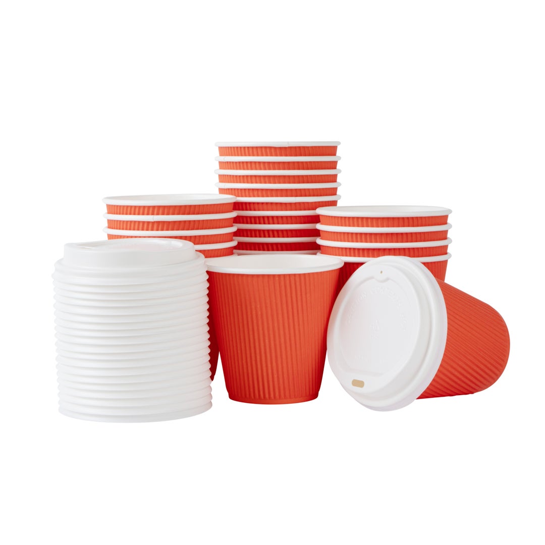 Cups, Hot, 8 Ounce, Paper, Tangerine, Ripple Wall, with White Lid,1 - 20 COUNT