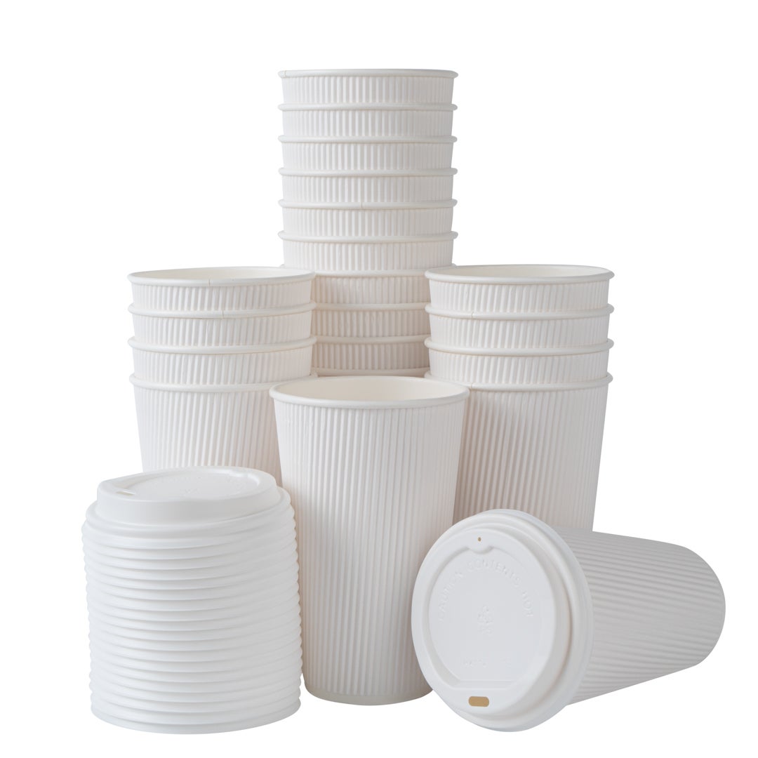 Cups, Hot, 16 Ounce, Paper, White, Ripple Wall, with White Lid,1 - 20 COUNT