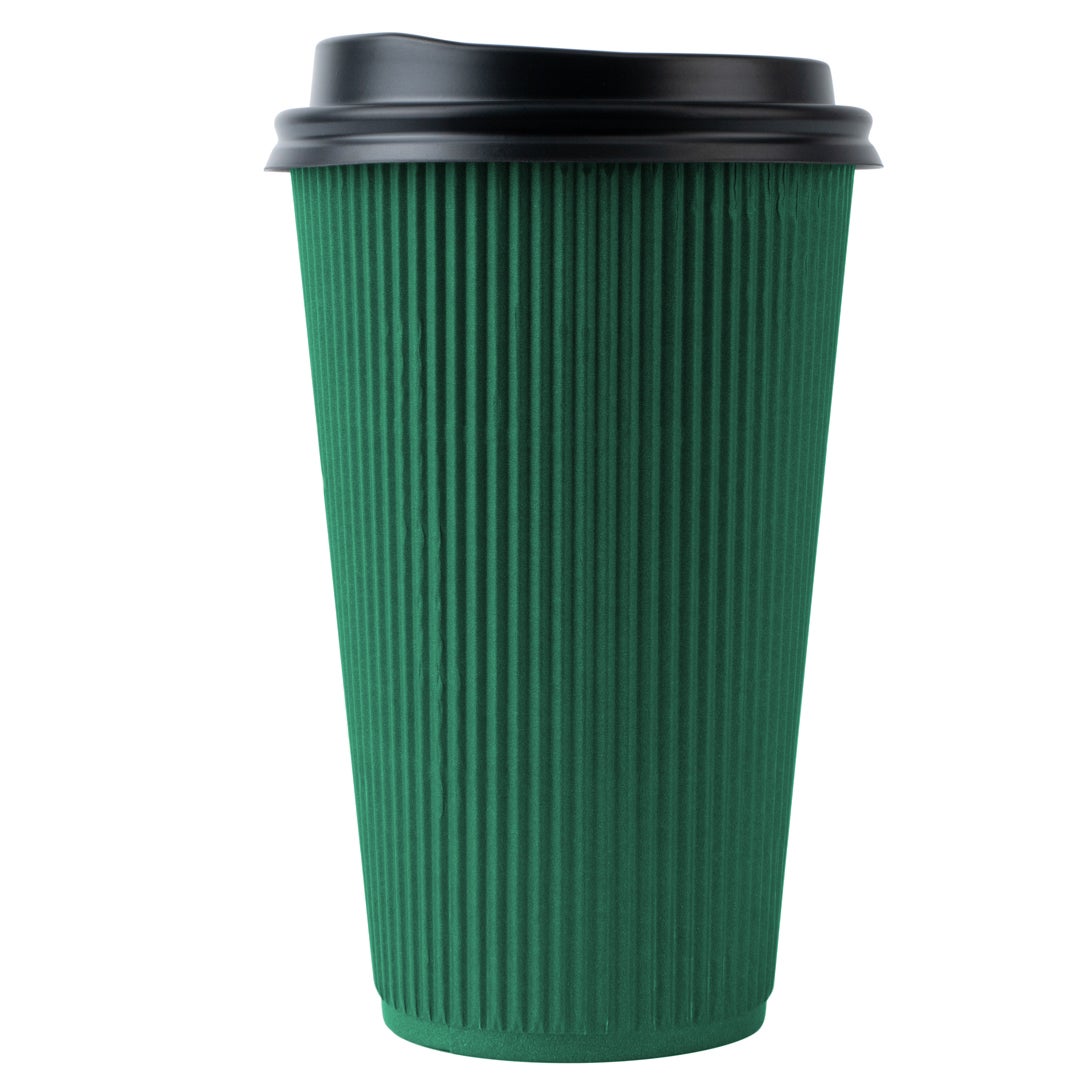 Cups, Hot, 16 Ounce, Paper, Forest Green, Ripple Wall, with Black Lid,1 - 20 COUNT