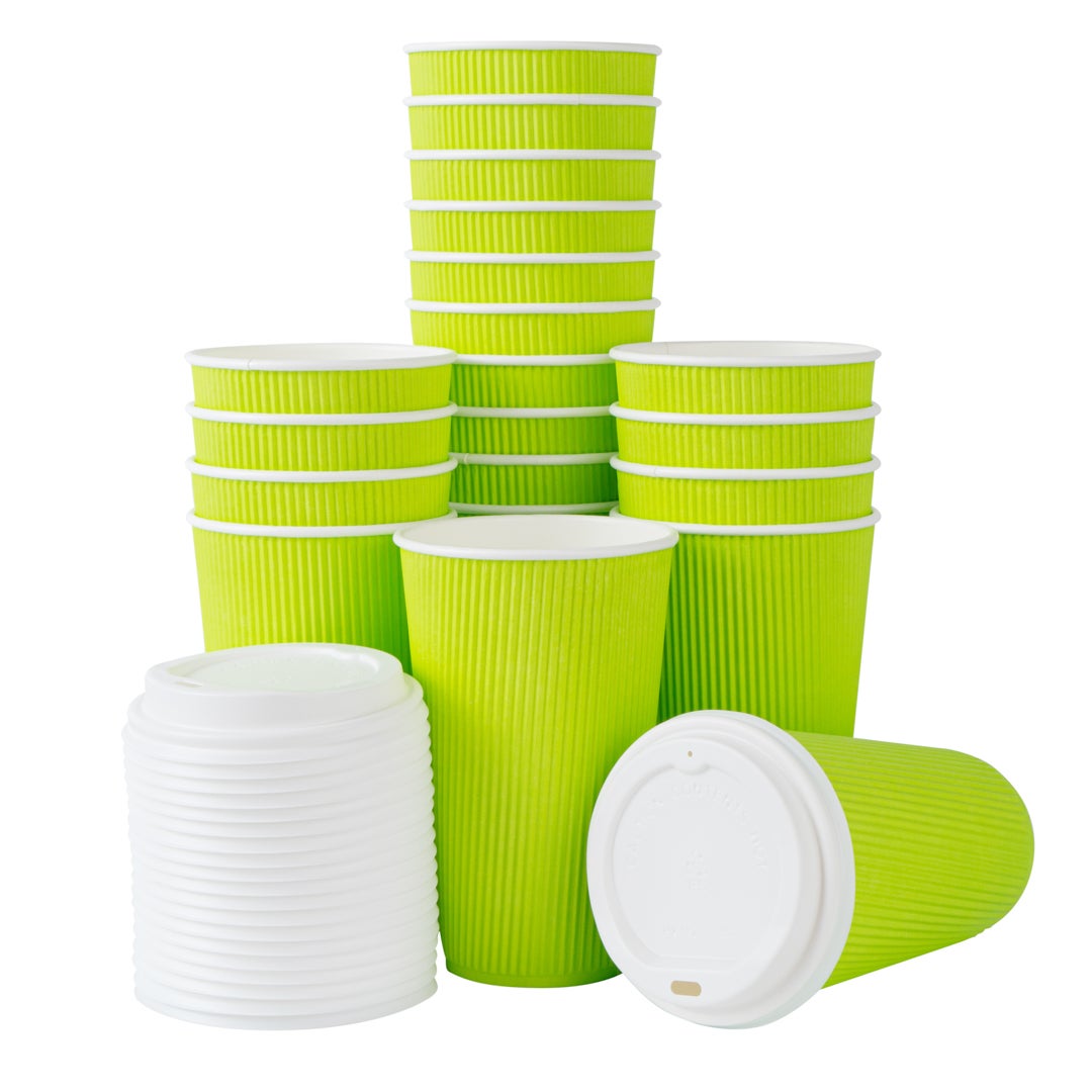 Cups, Hot, 16 Ounce, Paper, Eco Green, Ripple Wall, with White Lid,1 - 200 COUNT