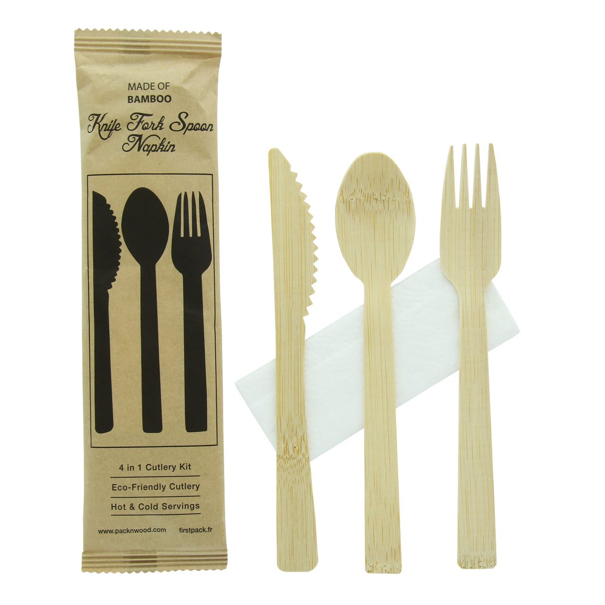 Cutlery Kits, Knife/Fork/Spoon, 6.7 Inch, Bamboo, with Napkin,1 - 100 COUNT