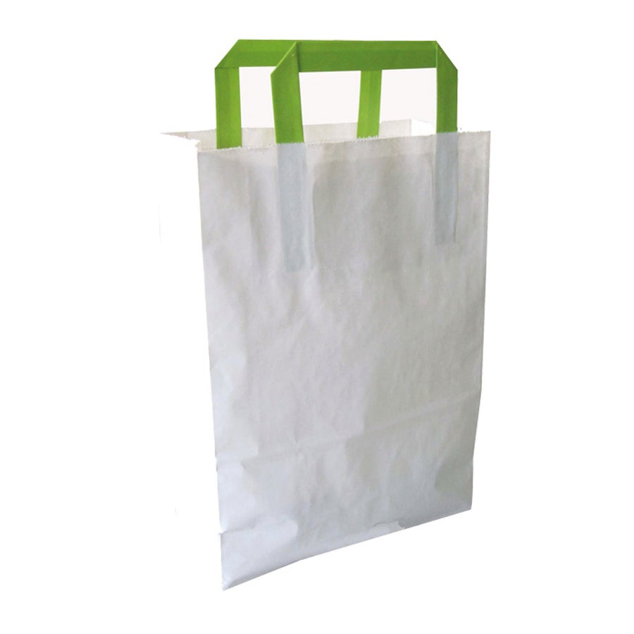Bags, 11 x 4 x 7.9 Inch, Paper, White, with Green Handles,1 - 250 COUNT
