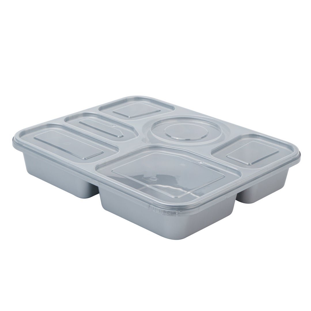 Boxes, 6-Compartment, 51 Ounce, Microwavable Plastic, Silver, 10.50 x 7.75 x 2 Inch, with Clear Lid, Tamper-Evident,1 - 100 COUNT