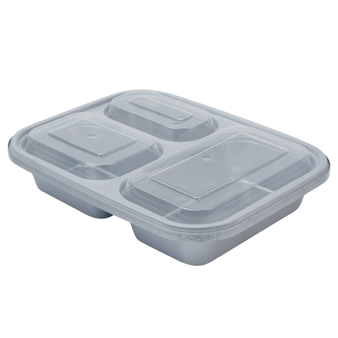 Boxes, 3-Compartment, 30 Ounce, Microwavable Plastic, Silver, 9.50 x 7.25 x 2 Inch, with Clear Lid, Tamper-Evident,1 - 100 COUNT