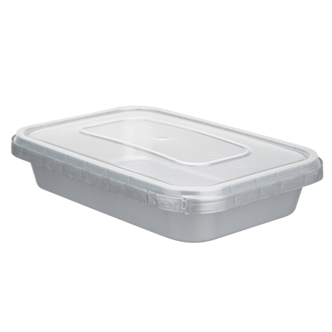 Boxes, 18 Ounce, Microwavable Plastic, Silver, 7 x 4.75 x 1.25 Inch, with Clear Lid, Tamper-Evident,1 - 100 COUNT