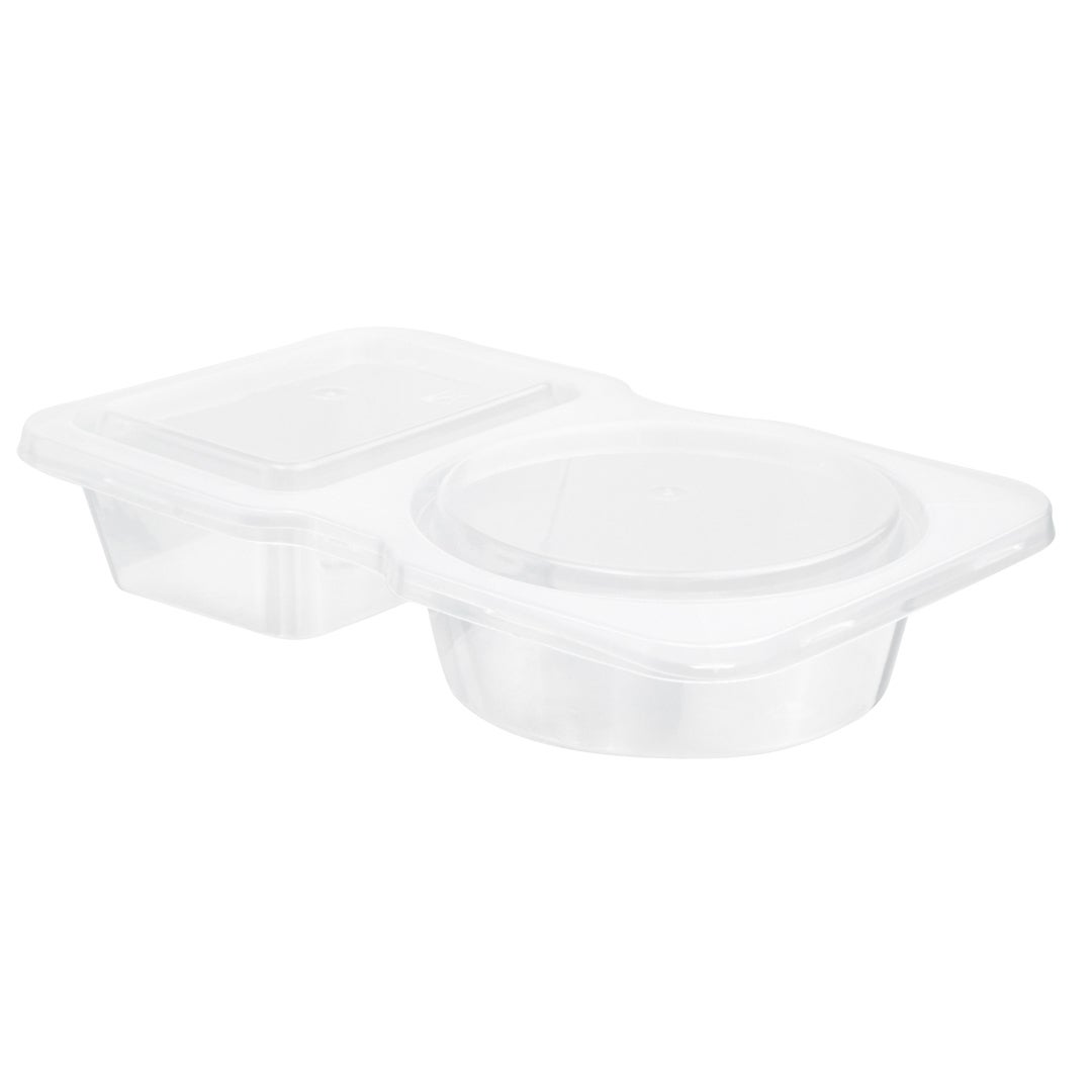 Bowls, 2-Compartment Sauce, 5 Ounce, Plastic, Clear, Round, 4 x 3.25 x 1 Inch, Hinged,1 - 500 COUNT