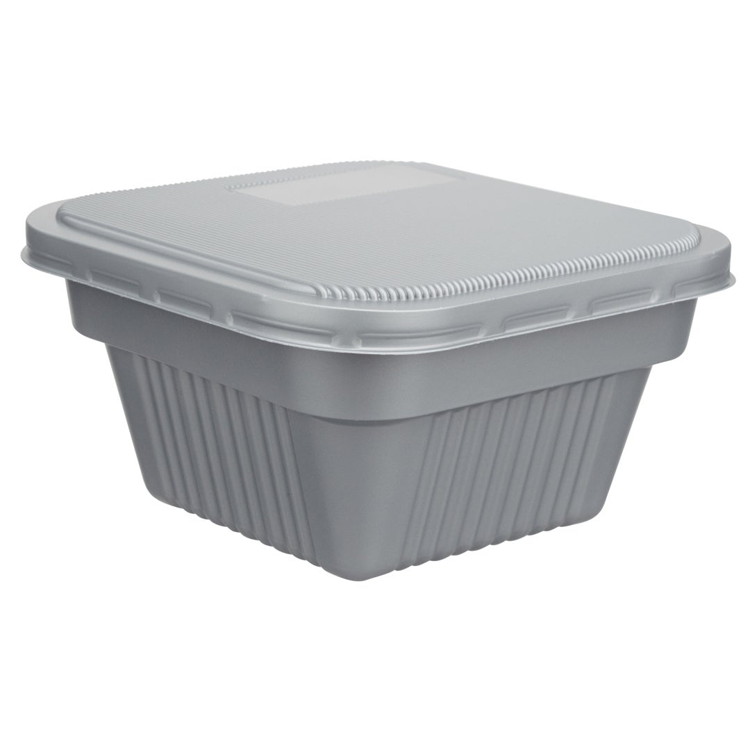 Bowls, Take-Out, 34 Ounce, Plastic, Silver, Square, 6 x 6 x 3.25 Inch,1 - 100 COUNT