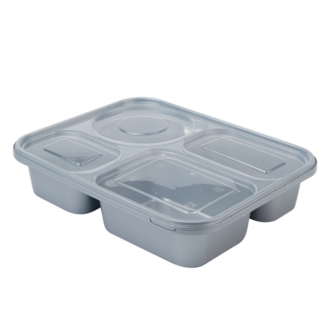 Boxes, 4-Compartment, 34 Ounce, Microwavable Plastic, Silver, 9.75 x 7.75 x 2 Inch, with Clear Lid, Tamper-Evident,1 - 100 COUNT