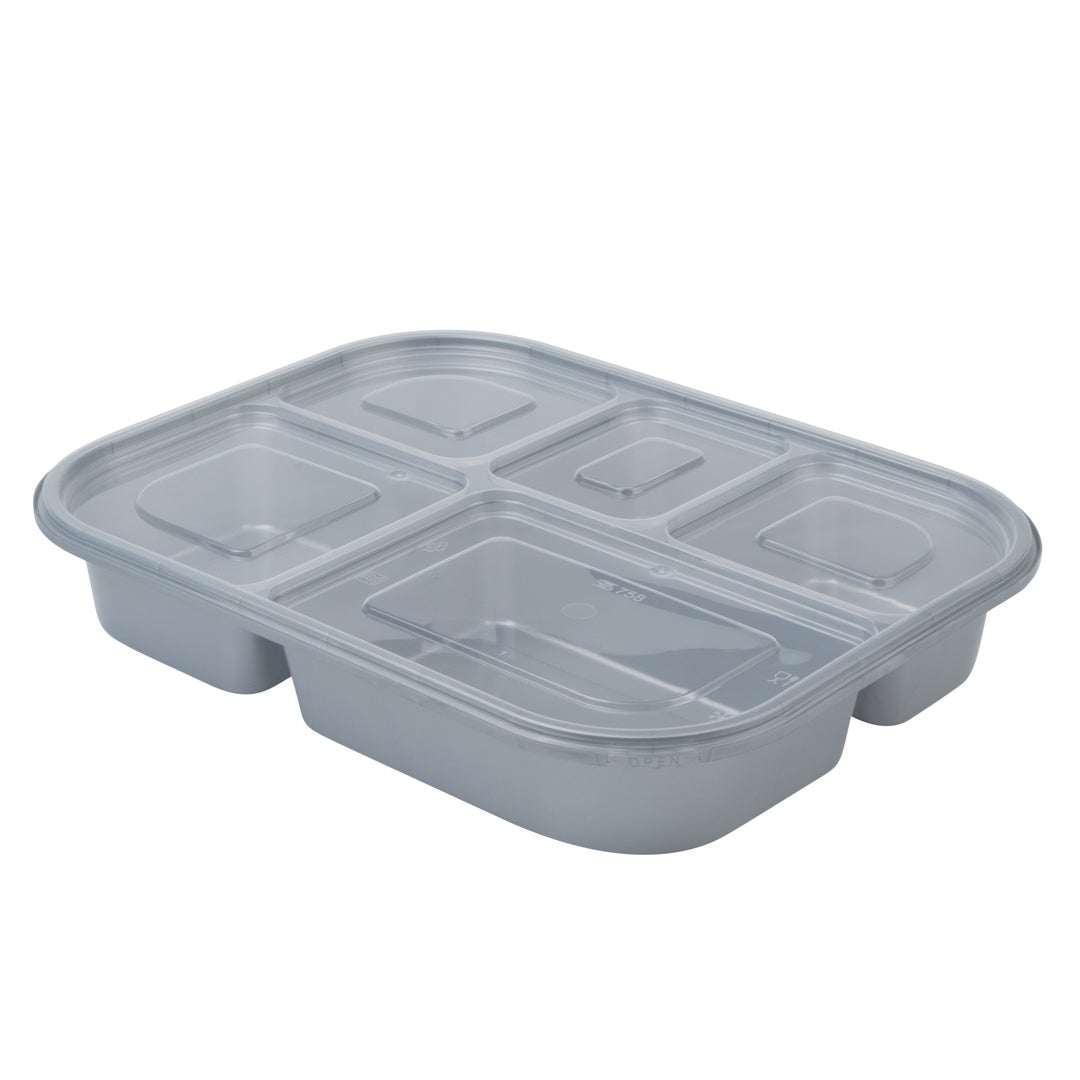Boxes, 5-Compartment, 44 Ounce, Microwavable Plastic, Silver, 11 x 8.50 x 1.75 Inch, with Clear Lid, Tamper-Evident,1 - 100 COUNT