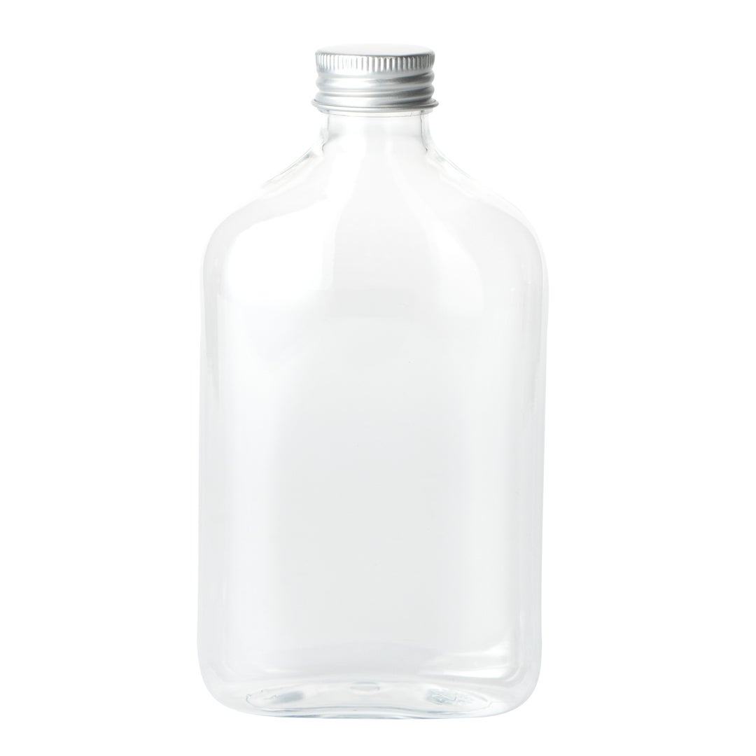 Bottles, Flask, 10 Ounce, Plastic, Clear, with Aluminum Lid,1 - 100 COUNT