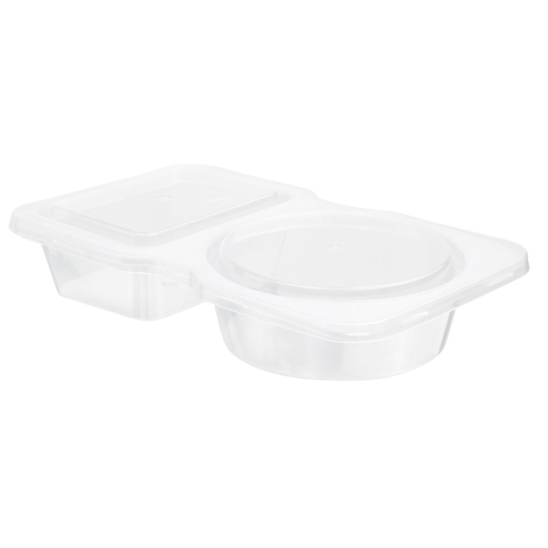 Containers, 2-Compartment, 5 Ounce, Microwavable Plastic, Clear, 4 x 3.25 x 1 Inch, with Hinged Lid,1 - 100 COUNT