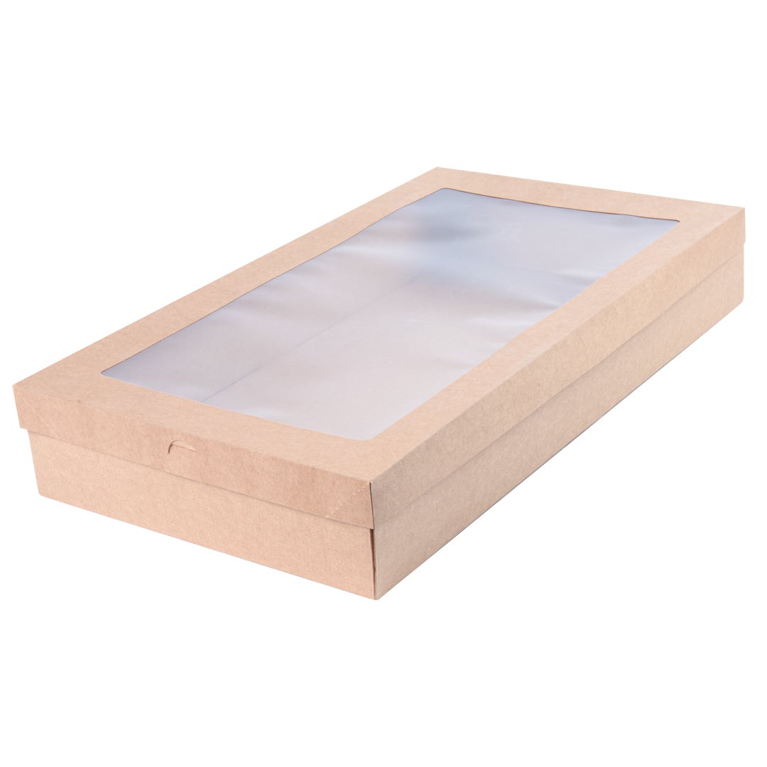 Boxes, Catering, 22.25 x 10 x 3.25 Inch, Paper, Kraft, Rectangular, with Window,1 - 100 COUNT