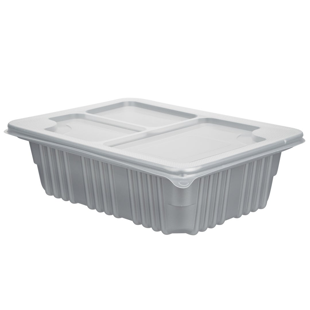 Containers, 34 Ounce, Microwavable Plastic, Silver, Rectangular, 8.25 x 6 x 2.5 Inch, with Clear Lid,1 - 100 COUNT