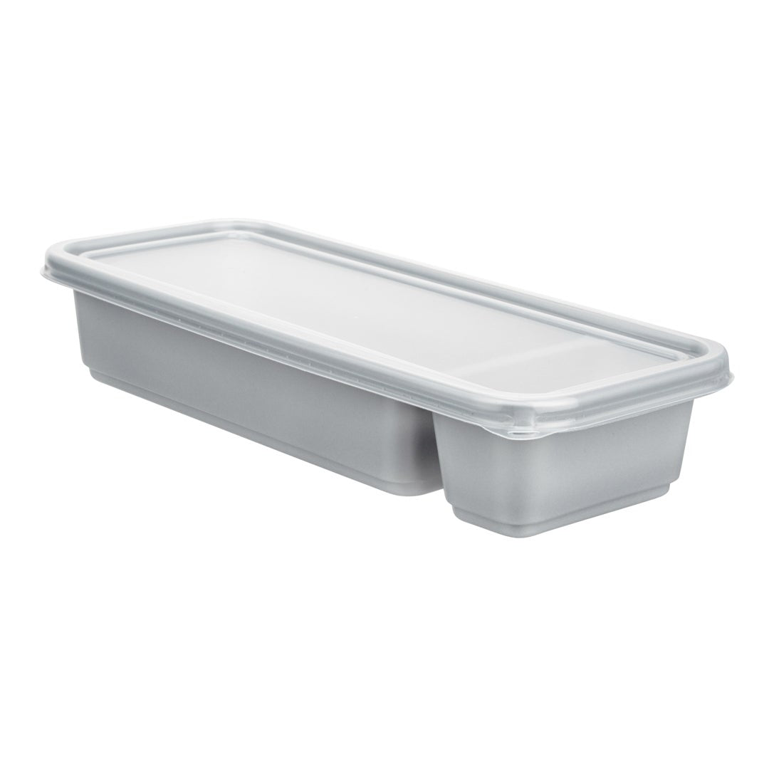 Containers, 2-Compartment, 20 Ounce, Microwavable Plastic, Silver, Rectangular, 8.75 x 3.75 x 1.75 Inch, with Clear Lid,1 - 100 COUNT