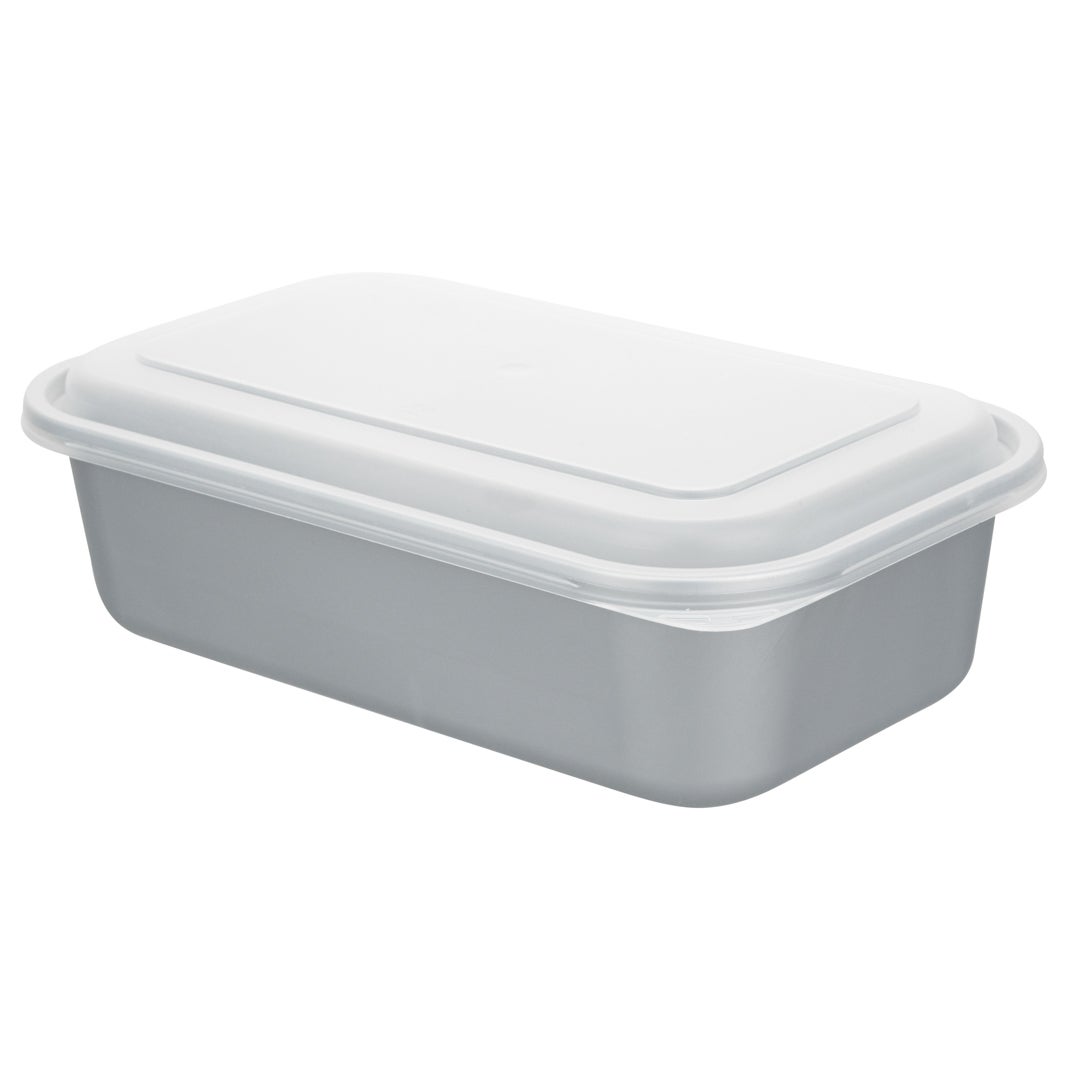 Containers, 34 Ounce, Microwavable Plastic, Silver, Rectangular, 8.25 x 5 x 2.5 Inch, with Frosted Lid,1 - 100 COUNT
