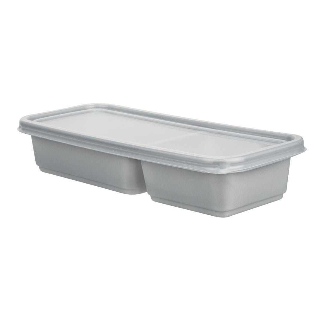 Containers, 2-Compartment, 20 Ounce, Microwavable Plastic, Silver, Rectangular, 8.75 x 3.75 x 1.75 Inch, with Clear Lid,1 - 100 COUNT