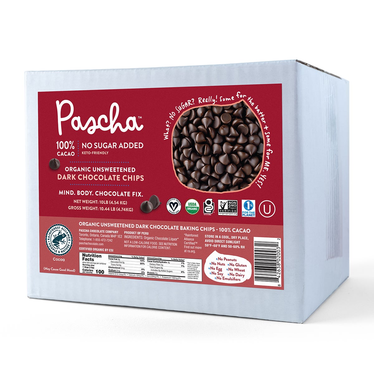 Baking Chips, Dark Chocolate, Unsweetened, 100% Cacao,1 - 10 POUND