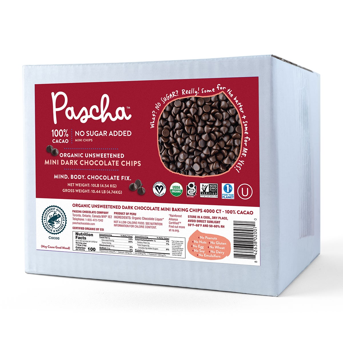 Baking Chips, Dark Chocolate, Mini, Unsweetened, 100% Cacao,1 - 10 POUND