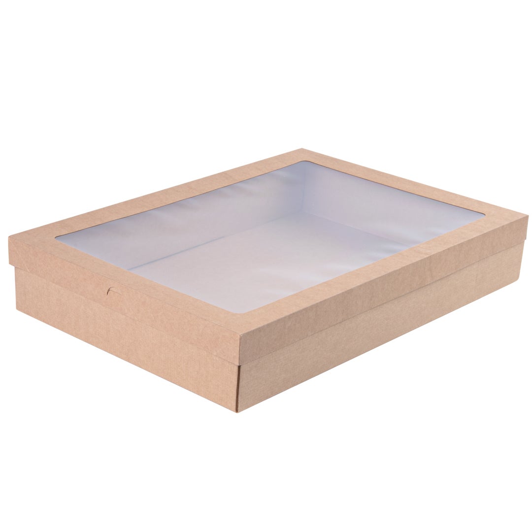 Boxes, Catering, 18 x 12.25 x 3.25 Inch, Paper, Kraft, Rectangular, with WIndow Lid,1 - 10 COUNT