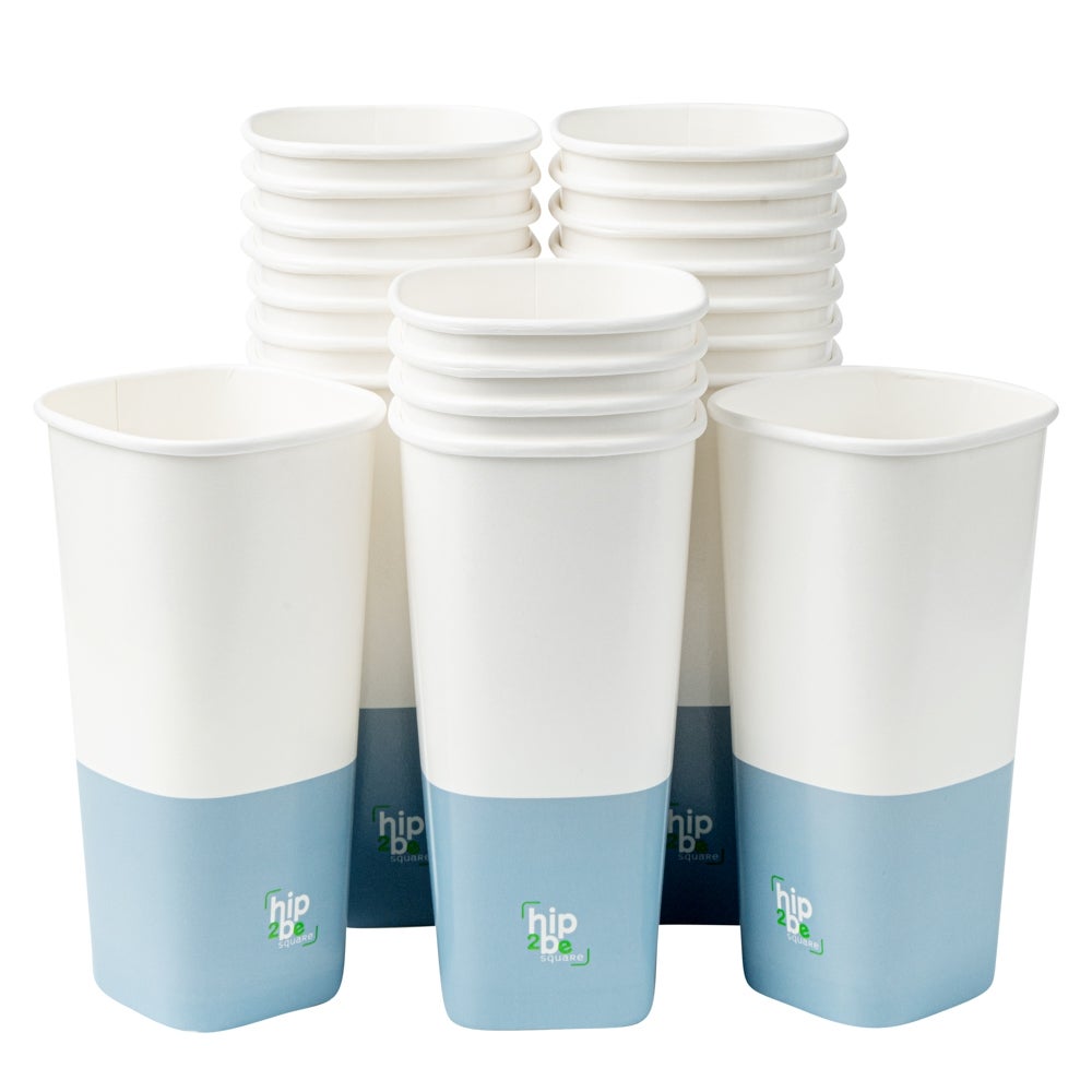 Cups, Hot & Cold, 22 Ounce, Paper, White & Blue, Single Wall, Square, 3.25 x 3.25 x 6.75 Inch,1 - 500 COUNT