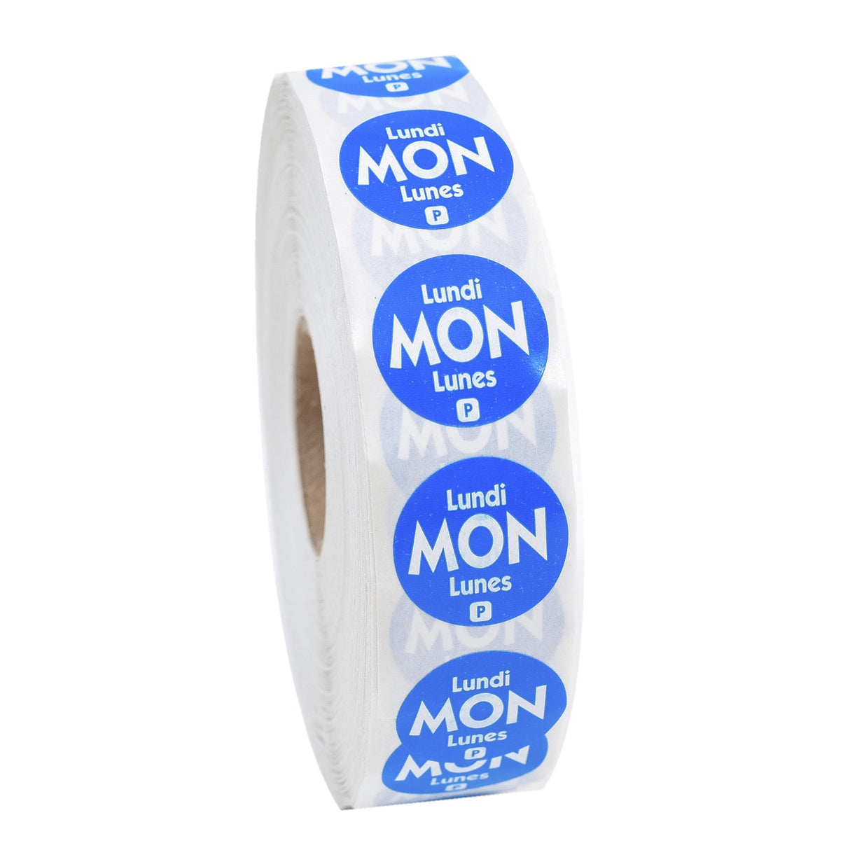 Labels, Monday, 0.75 Inch, Permanent, Blue with White Font, Trilingual, Round,1 - 2000 COUNT