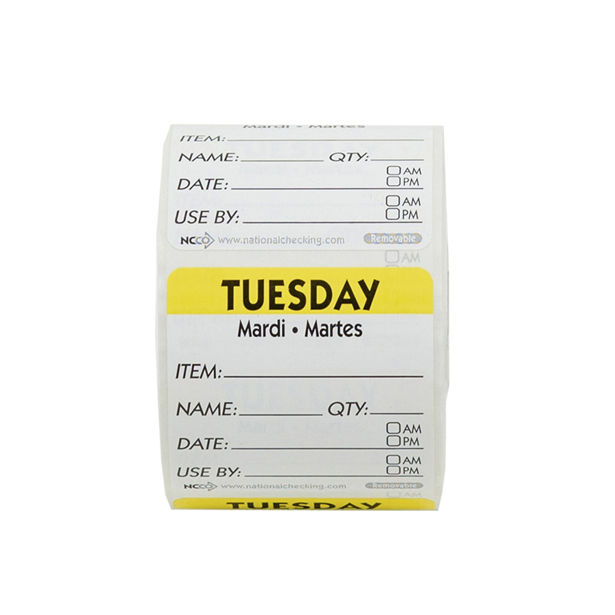 Labels, Tuesday Item/Date/Use By, 2 x 2 Inch, Removable, Yellow, Square, Trilingual,18 - 500 COUNT