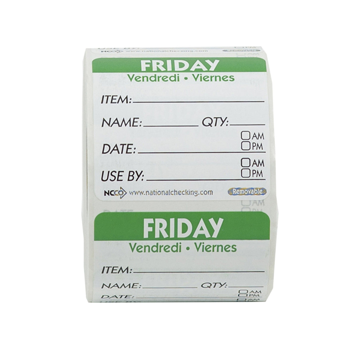 Labels, Friday Item/Date/Use By, 2 x 2 Inch, Removable, Green, Square, Trilingual,18 - 500 COUNT