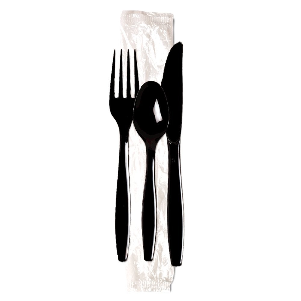 Cutlery Kits, Fork/Knife/Spoon, Heavyweight Plastic, Black, Polystyrene,250 - 1 EACH