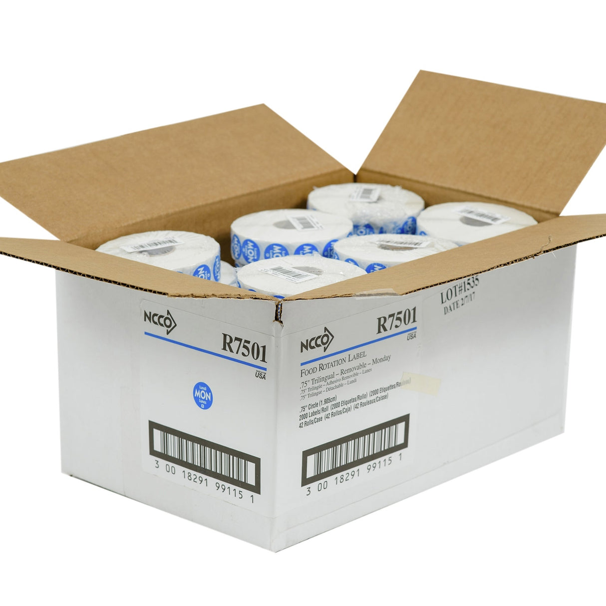 Labels, Monday, 0.75 Inch, Removable, Blue with White Font, Trilingual, Round,1 - 2000 COUNT