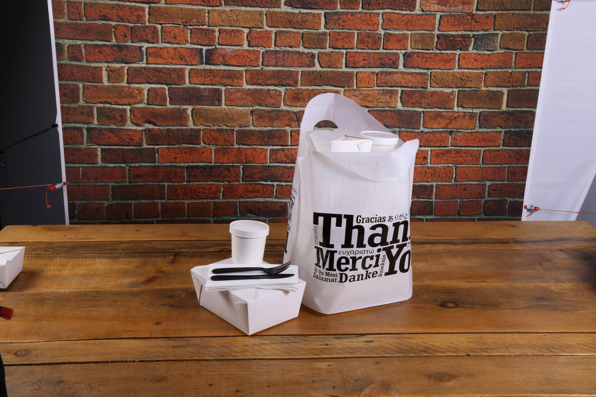 Bags, To Go, 19 x 18 x 9.5 Inch, Plastic, White Multilingual Thank You, Printed,500 - 1 EACH