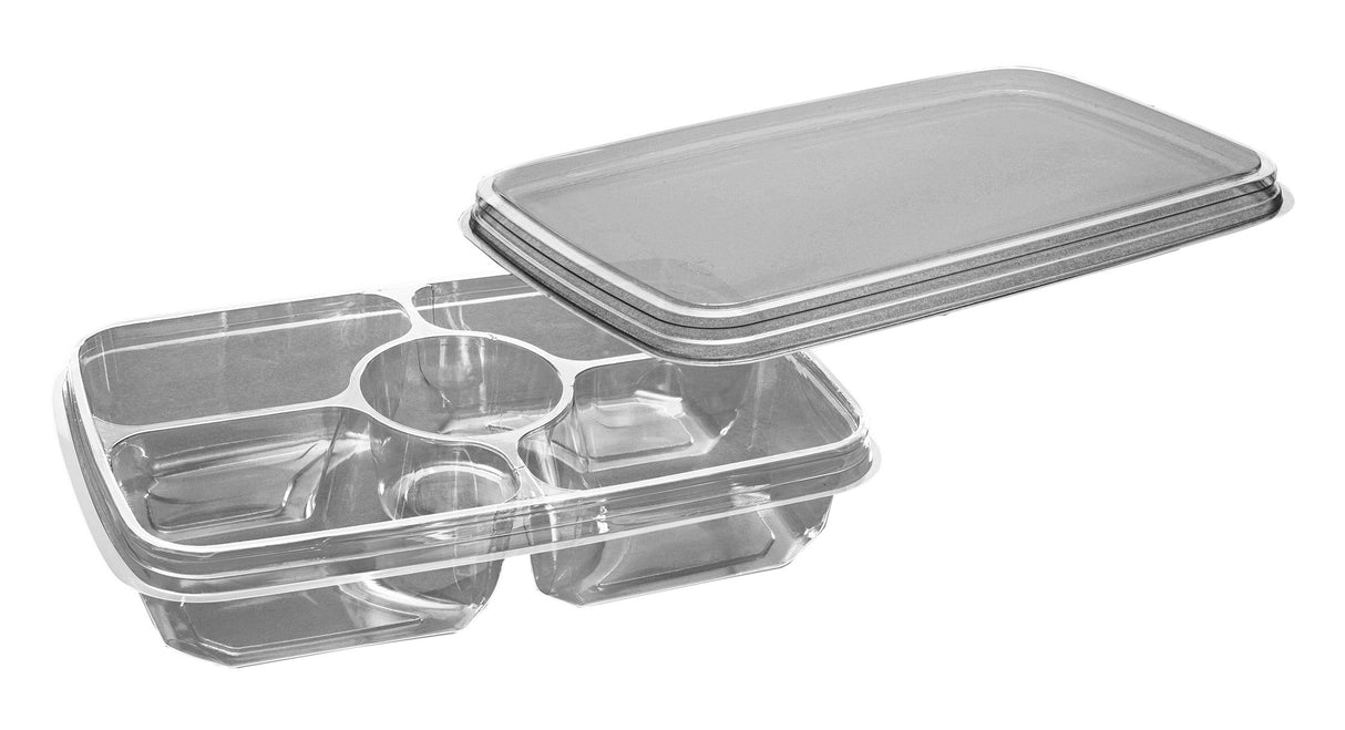 Containers, 5-Compartment, Plastic, Clear, Rectangular, with Clear Lid, PET,100 - 1 EACH