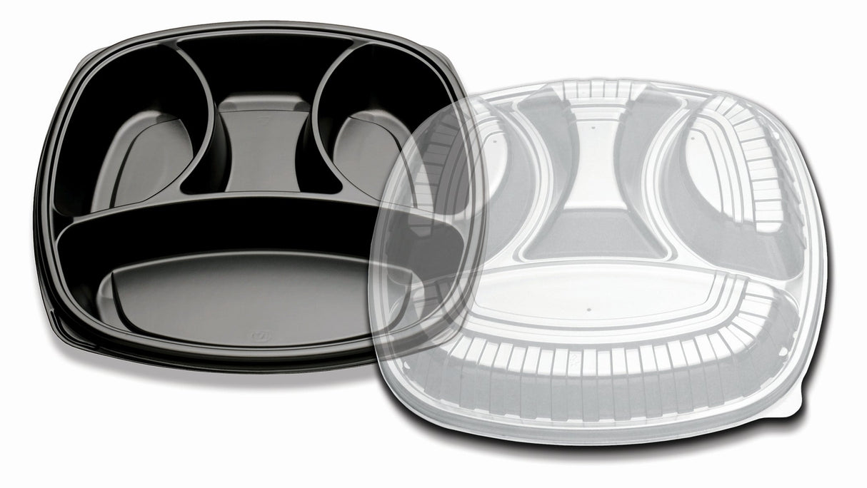 Trays, 4-Compartment, Plastic, Black, Rectangular, with Clear Lid,25 - 1 EACH