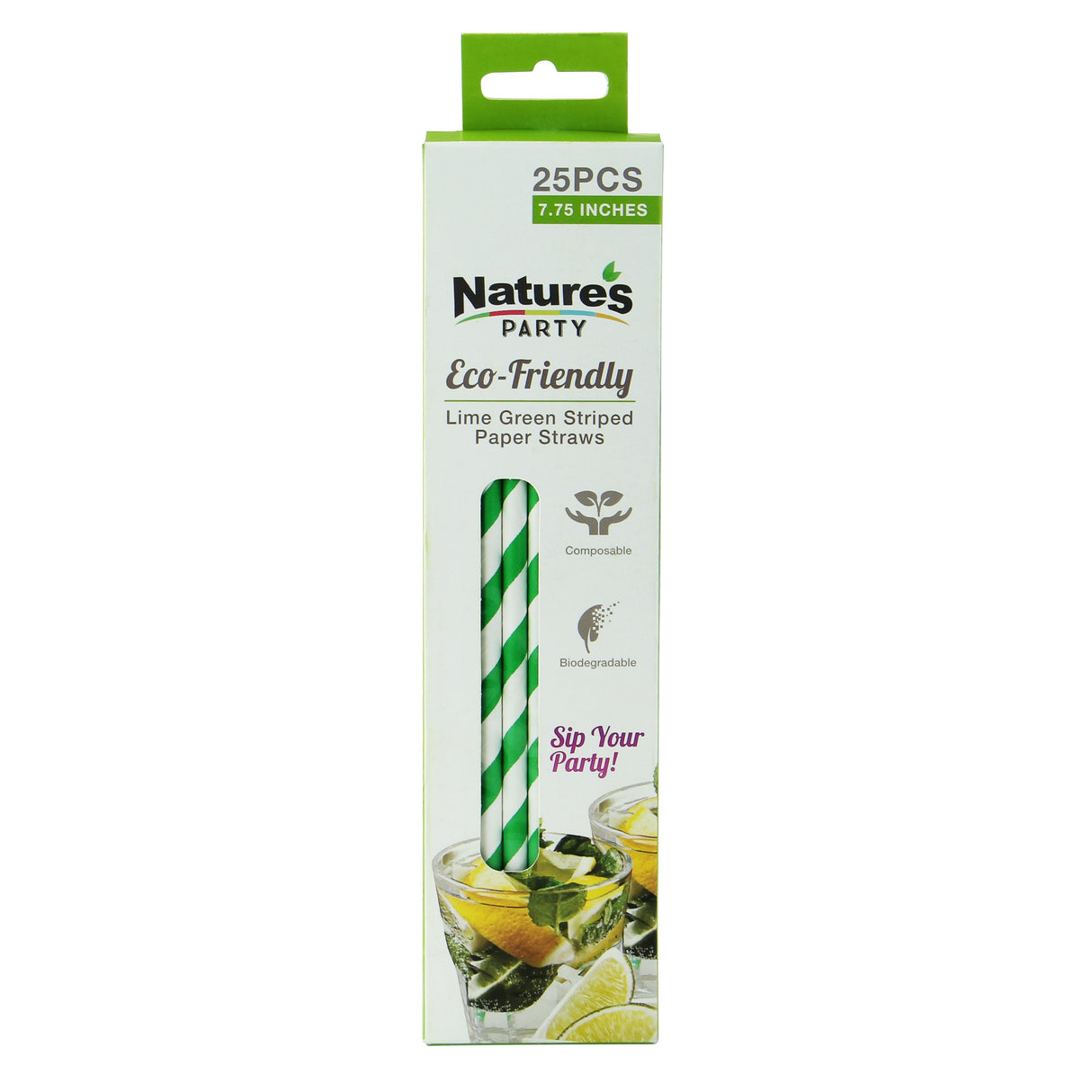 Straws, 7.75 Inch, Paper, Lime Green Striped,12 - 25 COUNT