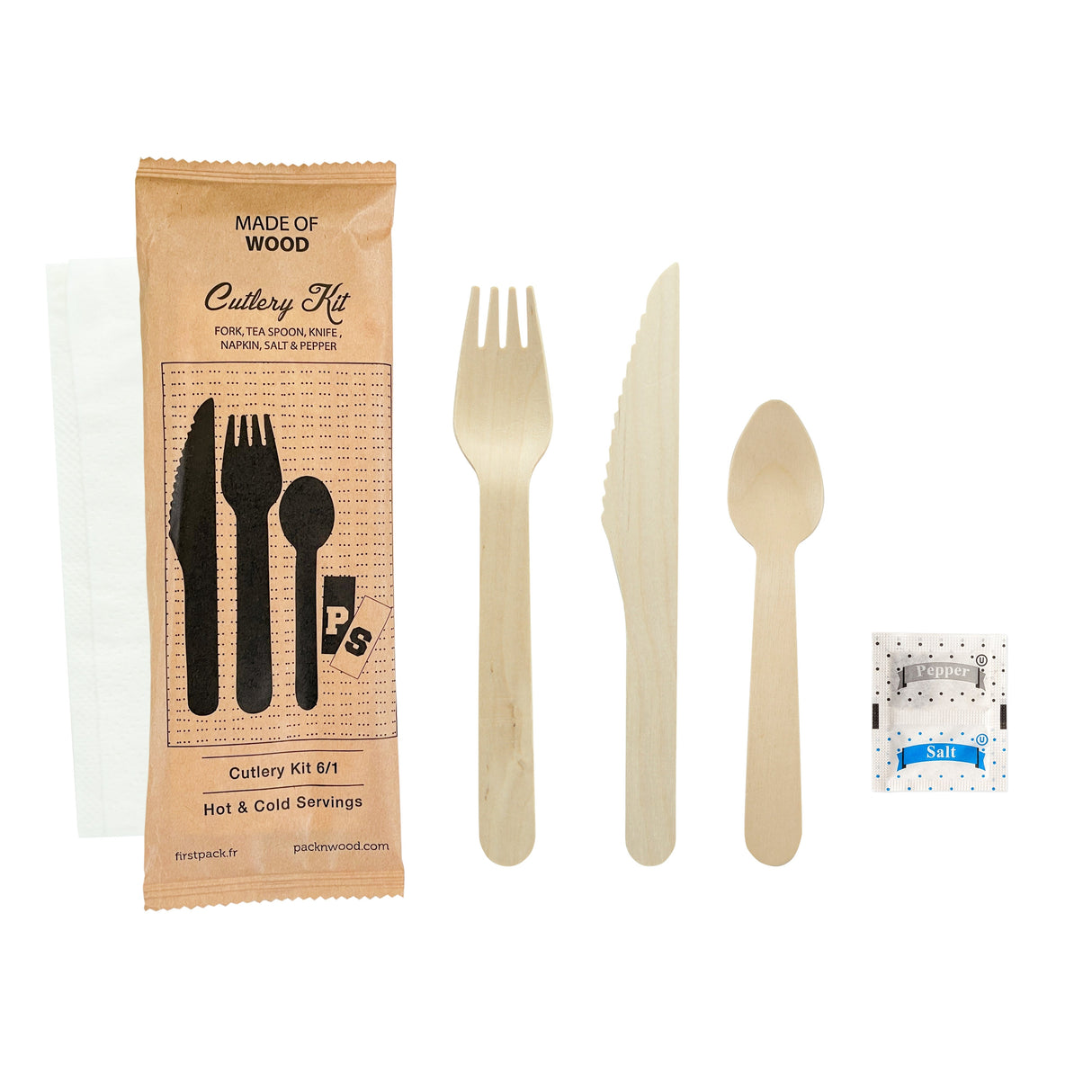 Cutlery Kits, Fork/Knife/Tea Spoon, Wood, with Napkin/Salt/Pepper, 6.2 Inch,5 - 50 COUNT