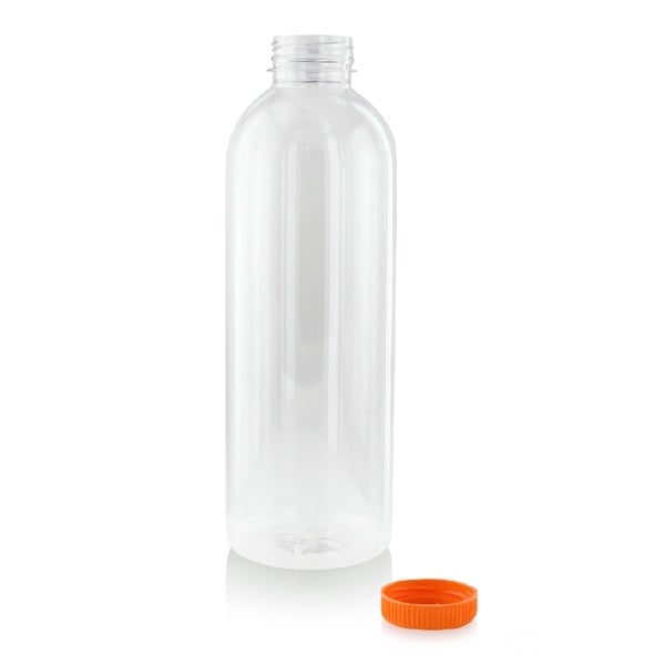 Bottles, 34 Ounce, Plastic, Clear, PET, with Orange Cap,74 - 1 EACH