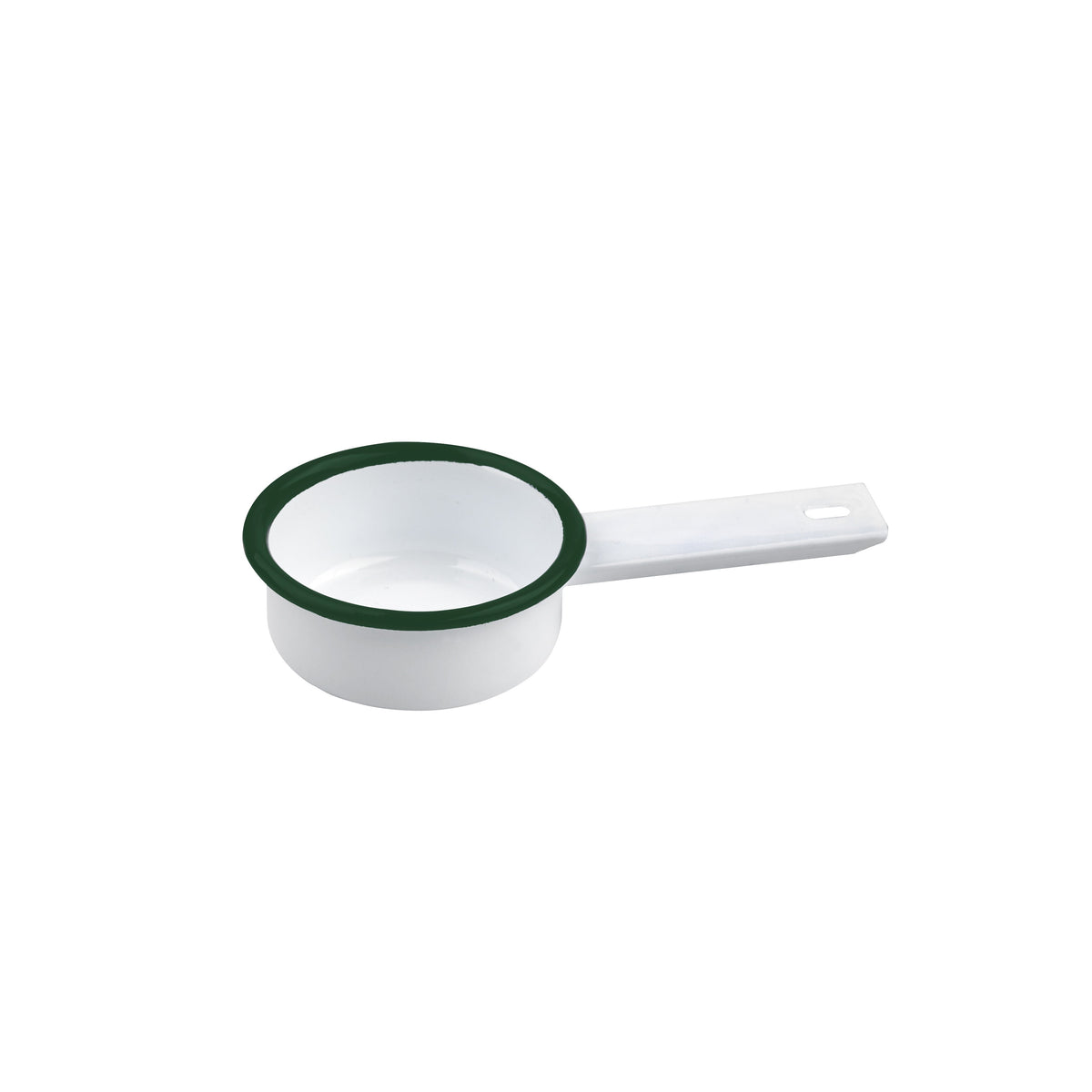 Dishes, 2 Ounce, White Enameled, with Green Rim, Saucepan Shape, 1 Each,12 - 1 COUNT
