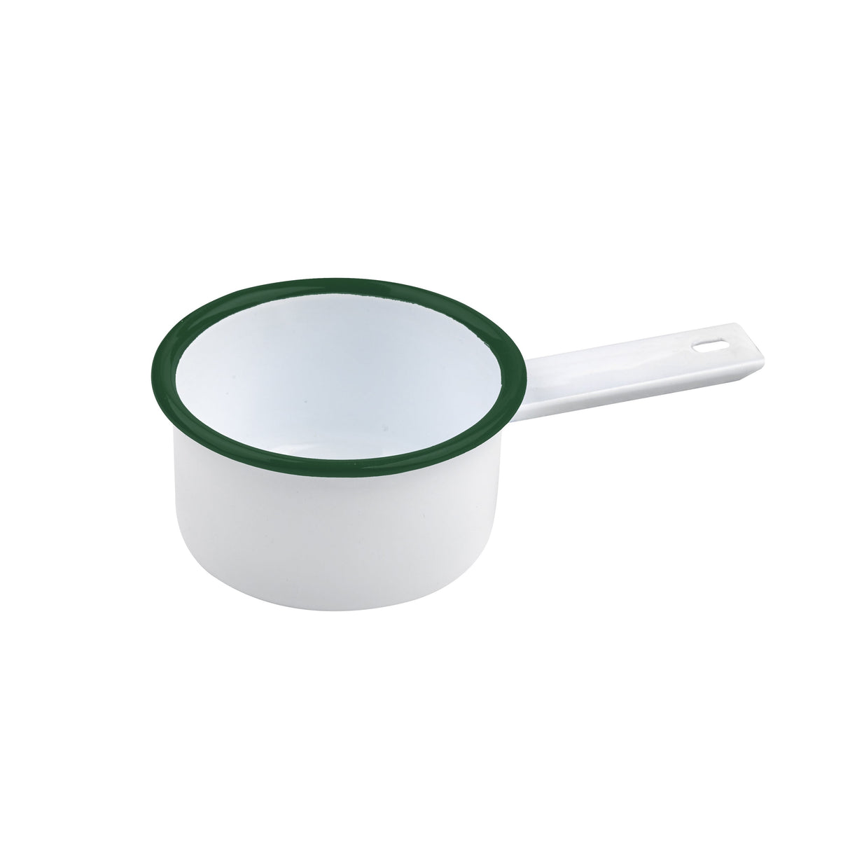 Dishes, 7 Ounce, White Enameled, with Green Rim, Saucepan Shape,12 - 1 EACH