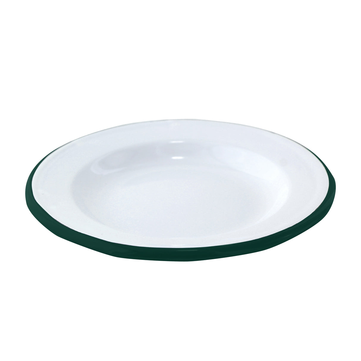 Plates, Enamel, 7.1 x 1 Inch, White, with Green Rim,12 - 1 EACH